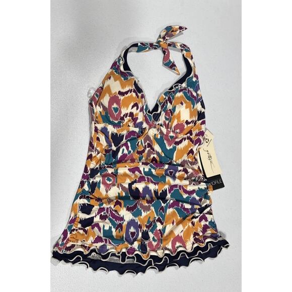 GOTTEX PROFILE Tankini Top Size 8 Echo Halter Neck Multicolor Ruffled Hem Beach - Picture 1 of 9